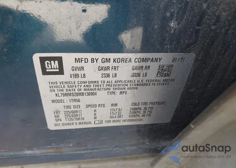 2021 Chevrolet Trailblazer Fwd Ls z USA, uszkodzony, nr VIN KL79MMS28MB136904